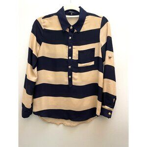 Monteau Womens Navy & Beige Striped Button-Up Blouse With Anchor Buttons Size S
